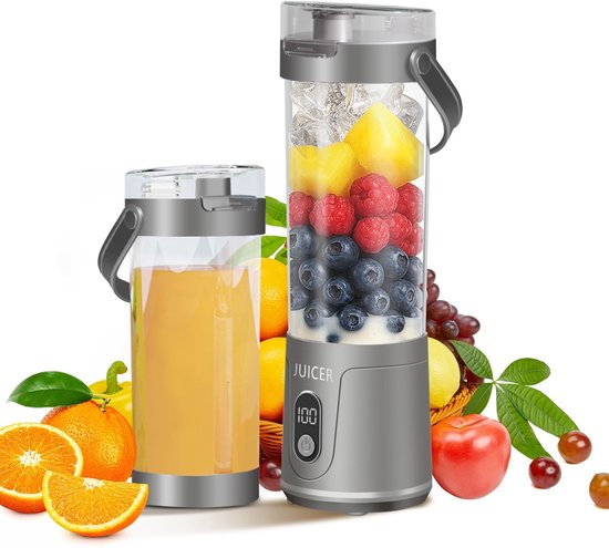Draagbare mini-blender voor het maken van smoothies, 600 ml inhoud, 12 messen, USB-oplaadbare kleine sapcentrifuge – Grijs