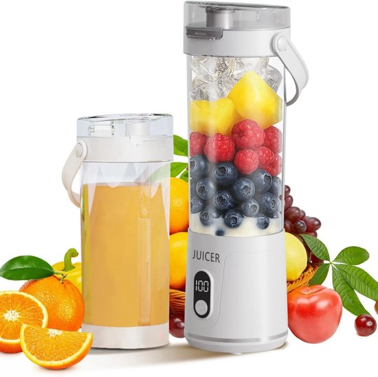 Draagbare mini-blender voor het maken van smoothies, 600 ml inhoud, 12 messen, USB-oplaadbare mini-sapcentrifuge – wit van Merkloos