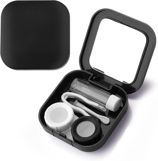 Draagbare mini contactlenshouder met spiegel, inclusief L en R doppen voor reizen, zwart en uniek ontwerp van Merkloos