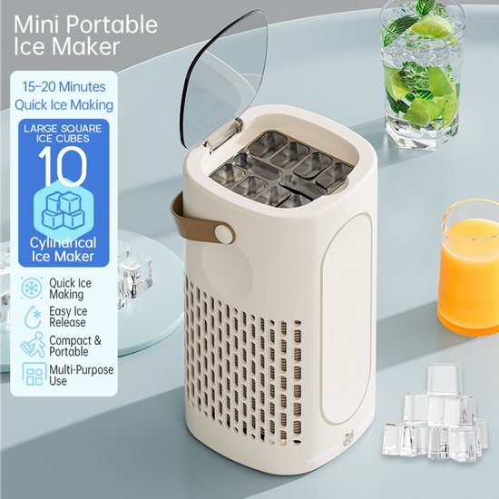 Draagbare mini-ijsmachine voor op tafel - Mini-ijsmaker - Snel ijs maken - Compact en klein - Met leren handvat - IJsblokjesmachine - Geschikt voor thuis, kantoor, kamperen, camper, feestjes en drankjes - Crème wit