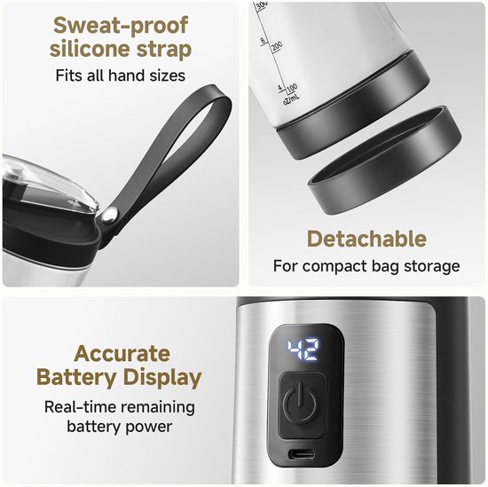 Draagbare mixer 600 ml - smoothie maker met 6 messen, 120 W motor mixer to go, snel opladen via USB-C, IPX6 waterdicht, BPA-vrij, mini-mixer voor shakes smoothies proteïnepoeder