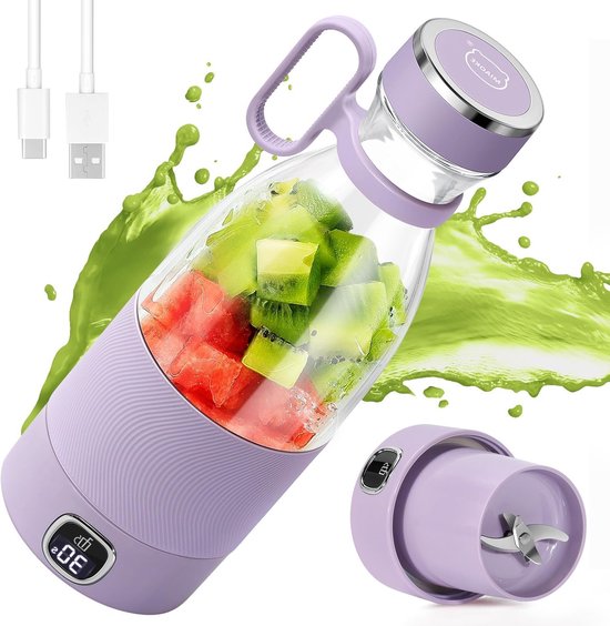 Draagbare Mixer met 6 Bladen voor Sap, Shakes en Smoothies - 350ml Mini Mixer met USB Oplaadbare Batterij en LED Display voor Thuis en Sportgebruik