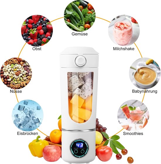 Draagbare mixer, mini-blender, kleine sapcentrifuge, smoothie-maker met siliconen rietje, 12 roestvrijstalen messen en digitaal display, oplaadbare type C shake-mixer met 700 ml inhoud, wit van PopBaressentials