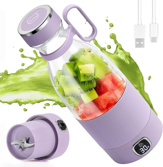 Draagbare mixer - Mini blender - Sap en shakes - 6 RVS messen - 350 ml - Paars