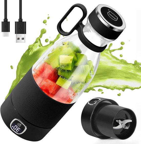 Draagbare Mixer - Mini Blender - Sap & Smoothies Maken - 6 RVS Messen - 350 ml - Zwart