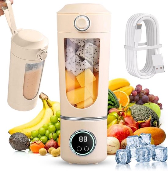Draagbare Mixer - Mini Blender Smoothie Maker - Gezonde Dranken Maken - 12 Roestvrijstalen Messen - 700 ml - Beige