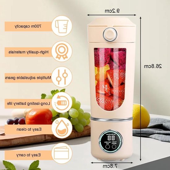 Draagbare Mixer - Mini Blender - Smoothies Maken - 12 Roestvrijstalen Messen - 700 ml Capaciteit - Beige