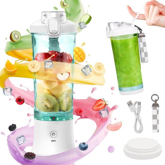 Draagbare mixer - Persoonlijke blender - Snelle smoothies maken - Zes roestvrijstalen messen - 600 ml - Wit