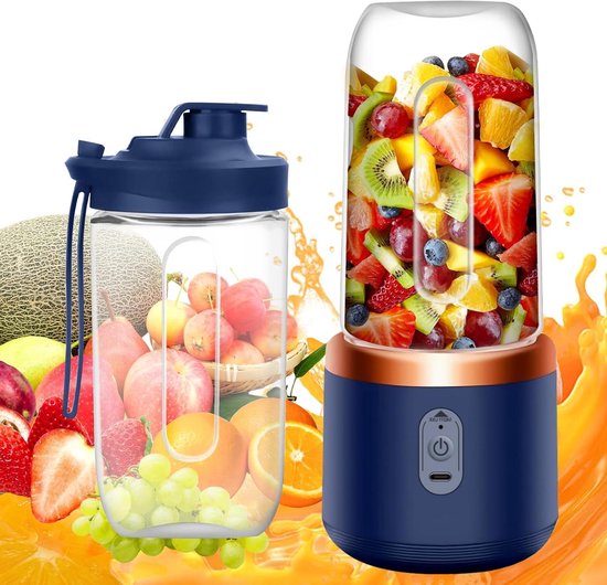 Draagbare Mixer - Smoothie Blender - Sapjes Maken - 6 Roestvrijstalen Bladen - 400ml Capaciteit - Blauw