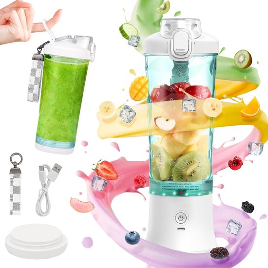 Draagbare Mixer - Smoothie Maker - Drankjes Maken - 6 Roestvrijstalen Messen - 600 ml - Wit