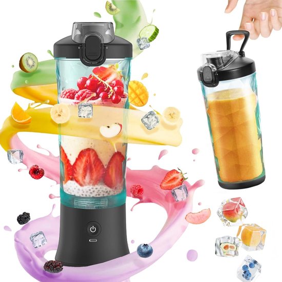 Draagbare Mixer - Smoothie Maker - Drankjes Maken - 6 RVS Messen - 600 ml - Zwart