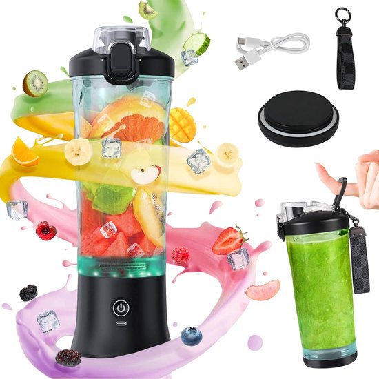 Draagbare Mixer - Smoothie Maker - Onderweg Drankjes - 6 Roestvrijstalen Bladen - 600ml Capaciteit - Zwart