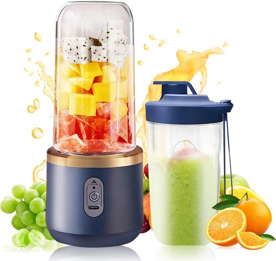 Draagbare Mixer - Smoothie Maker - Snelle Drankjes Maken - 6 RVS Messen - 400 ml - Blauw