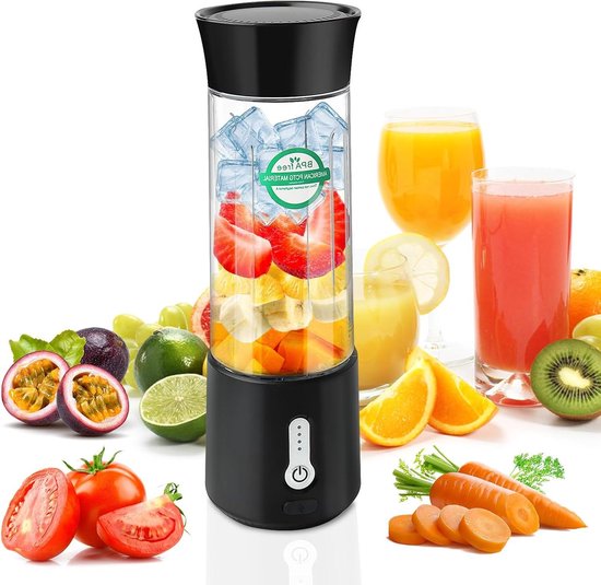 Draagbare Mixer - Smoothie Maker - Snelle Drankjes Maken - 6 RVS Messen - 500ml Capaciteit - Zwart