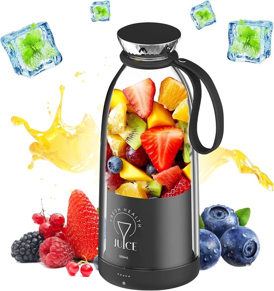 Draagbare Mixer - Smoothie Maker - Verse Drankjes Maken - 6 RVS Bladen - 500ml Capaciteit - Zwart