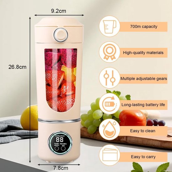 Draagbare mixer - Smoothiemaker - Gezonde drankjes maken - 12 RVS messen - 700 ml - Beige
