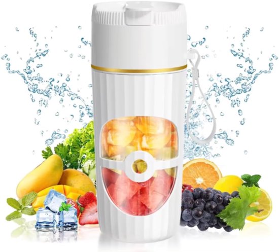 Draagbare mixer - Smoothiemaker to-go - Verse sappen maken - 6 RVS messen - 450 ml - Wit
