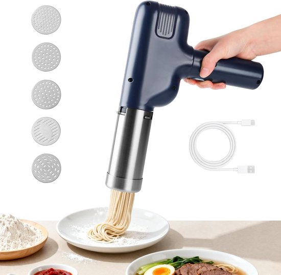 Draagbare pastamachine met 7 accessoires, oplaadbare elektrische machine voor heerlijke spaghetti en fettuccine maken