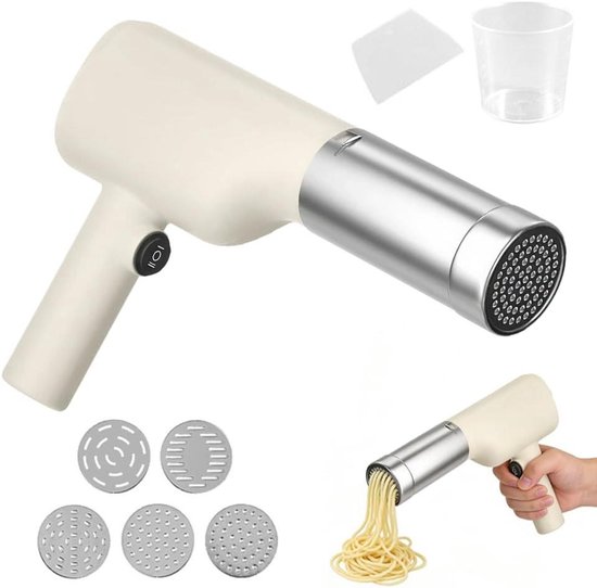 Draagbare Pastamachine - Oplaadbare Deegmaker - Zelfgemaakte Pasta - 5 Vormen Inbegrepen - 200g Capaciteit - Wit
