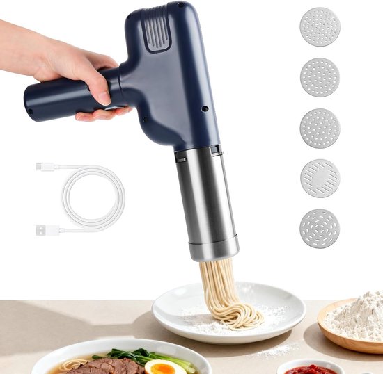 Draagbare pastamaker met 7 accessoires, oplaadbare machine voor heerlijke spaghetti en fettuccine, ideaal voor thuisgebruik en eenvoudig te bedienen van Merkloos