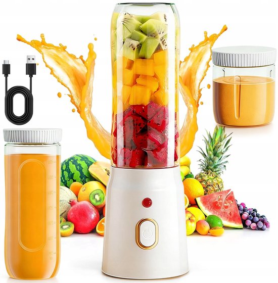 Draagbare sapcentrifuge - Draagbare mixer - Draadloze Persoonlijke Blender - 21000rpm - Wit - Dubbele beker voor sap en babyvoeding - 450ml & 180ml - Zelfreiniging met één knop van Merkloos