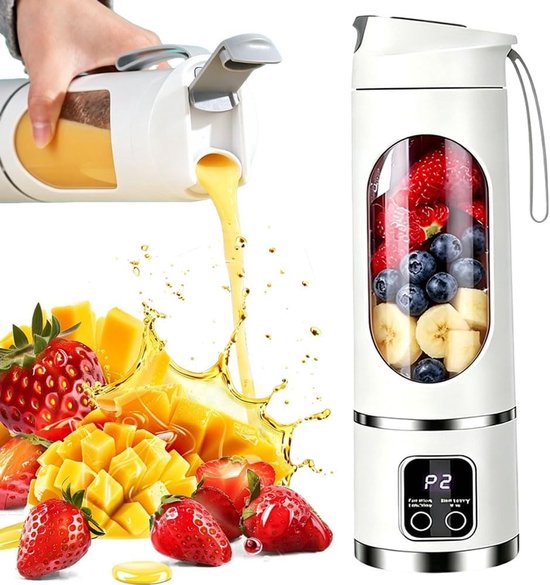 Draagbare smoothie maker 450 ml, USB oplaadbare mini blender met 12 messen en LED-display, ideaal voor shakes en milkshakes onderweg