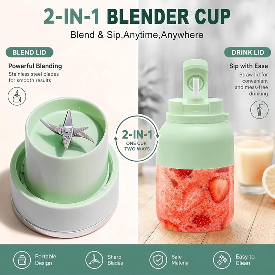 Draagbare smoothie maker met 1200 ml capaciteit, draadloos en oplaadbaar, ideaal voor fitness, kantoor en reizen, lekvrij deksel en handige blenderfles