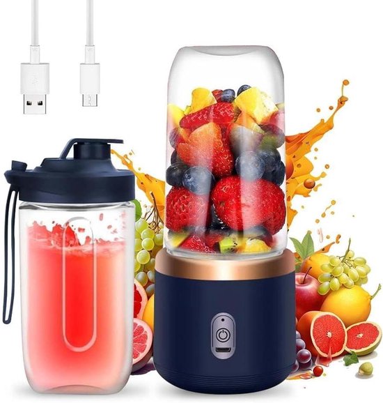Draagbare Smoothie Maker - Mini Blender - Verse Drankjes Maken - 6 Roestvrijstalen Messen - 400 ml - Blauw