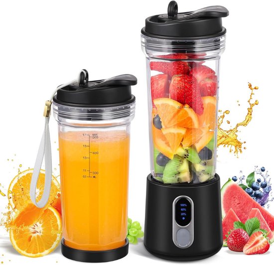 Draagbare Smoothie Maker To Go - 500ml Smoothie Mixer - 4 Roestvrijstalen Messen - Ijs En Fruit Hakker - USB Oplaadbare Mini Blender - Inclusief Rietje - Reisdop En Reinigingsborstel - Zwart van Merkloos