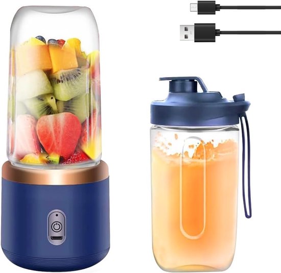 Draagbare Smoothie Maker van 400ml met Reisdeksel, USB Mini Blender voor Fruit, Sap en Jam met 6 Messen