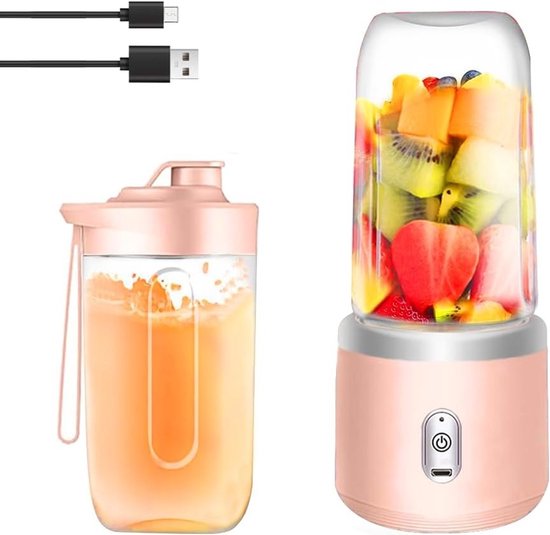 Draagbare Smoothie Maker van 400ml met Reisdeksel, USB Mini Blender voor Fruit, Sap, Jam en Shakes met 6 Messen, Roze Kleur
