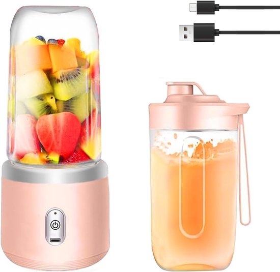 Draagbare Smoothie Maker van 400ml met Reisdeksel, USB Mini Blender voor Verse Sappen, Fruit Smoothies en Shakes met 6 Bladen, Roze Kleur