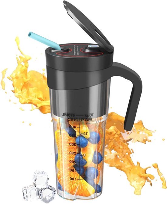 Draagbare USB Oplaadbare Blender met Stro en Schaal 470ml/16oz Waterdicht voor Fruit Groentesap LB40 Zwart van Merkloos