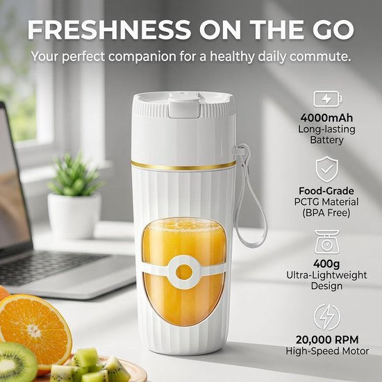 Draagbare USB-oplaadbare smoothiemaker, 400 ml mini-blender met 10 roestvrijstalen messen voor shakes, sap en babyvoeding (wit)