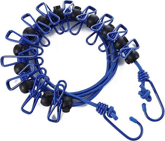 Draagbare Waslijn - 1 stuk, reisbare, verstelbare, uitrekbare winddichte waslijn met 12 draadclips en antislip gesp voor kamperen en wassen/drogen - blauw