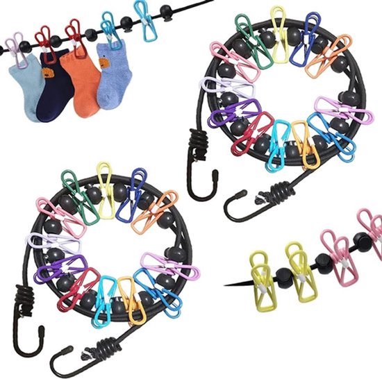Draagbare waslijn - 2-pack reiswaslijn met 12 kleurrijke clips - verstelbare campingwaslijn - elastische intrekbare waslijn voor binnen en buiten - wasaccessoires