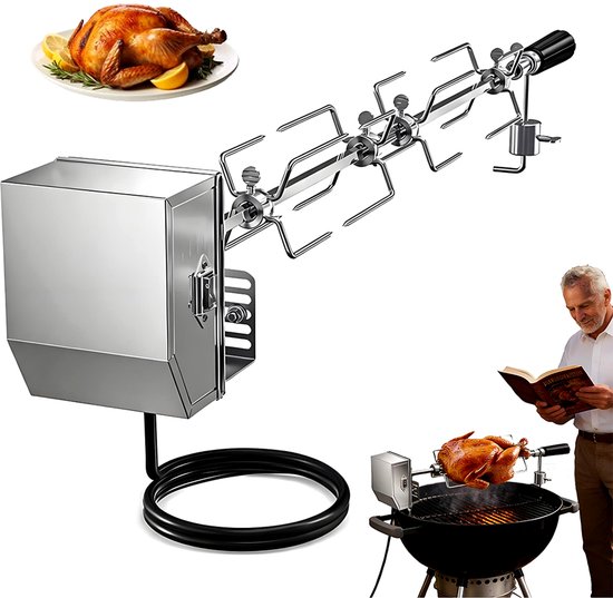 Draaiende grill - Elektrische barbecue - Barbecue voor thuis - Multifunctionele grillstang - Lengte stang: 42 cm + 42 cm + 35 cm - Barbecueset - Barbecue-uitrusting - Zilver