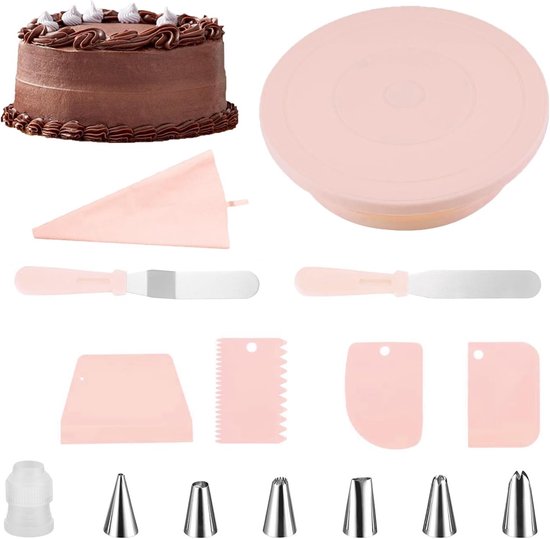 Draaiende Taartplateau met 14 Accessoires voor Taartdecoratie, Inclusief Spatula, Scrapers en Lamineringstassen van Merkloos