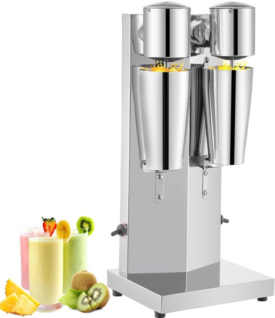 Drankmixer Dubbele Kop - Milkshake Machine - Snelle Drankjes Maken - Twee Snelheden Instelbaar - 800 ml Glazen - Zilverkleurig