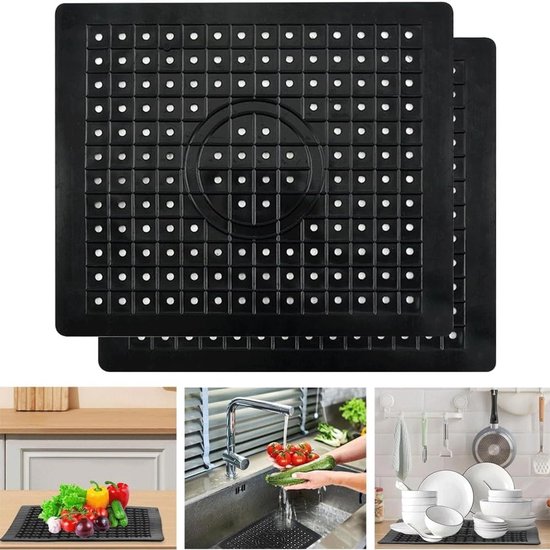 Drenkmat voor Keuken en Badkamer, Zwart, 31 x 26 cm, Set van 2, Antislip en Waterdicht van Merkloos