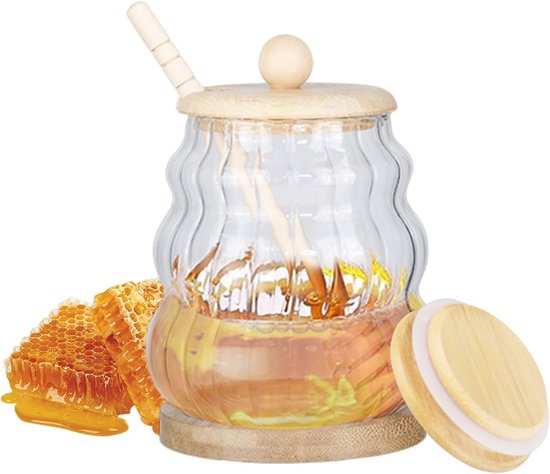 Drupvrije Glazen Honingdispenser met 15 Ounce Honingpot, Inclusief Houten Lepel en Stand, Ideaal als Cadeau voor Honingliefhebbers