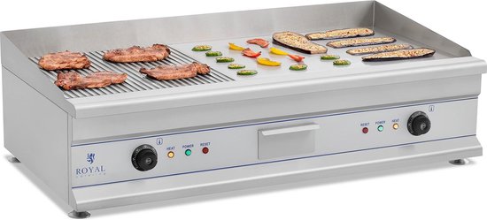 Dubbele elektrische bakplaat - 100 cm - geribbeld - 2 x 3200 W - Royal Catering
