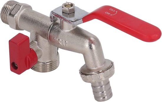 Dubbele Kraan met 1 Ingang en 2 Uitgangen, Geschikt voor Wasmachine, Tuinaccessoires en IJsblokjesmaker, 1/2 inch en 3/4 inch Aansluitingen, Gemaakt van Zinklegering en Gegalvaniseerd voor Waterleidingen