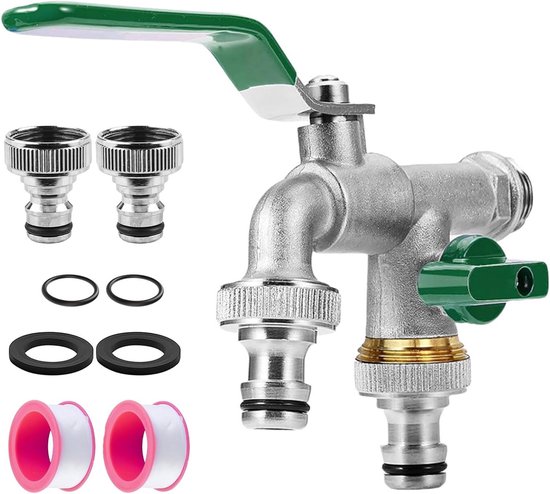 Dubbele Tuinkraan 1/2 Inch met 2 Slangaansluitingen en 2 Rollen Dichtingstape, Vorstbestendig tot -20°C, Ideaal voor Tuin en Huis van Merkloos