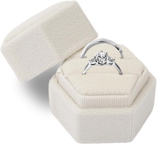 Dubbellaagse Hexagon Ringdoos van Fluweel voor Trouwen en Verlovingen, Vintage Stijl met Verwijderbaar Deksel van Merkloos