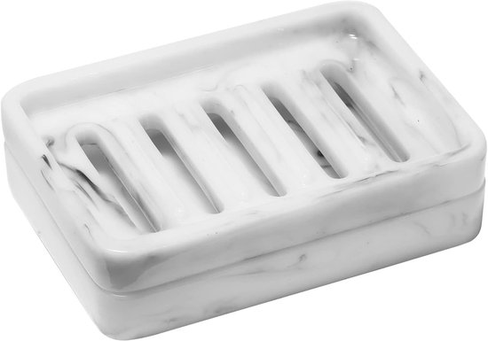 Dubbellaagse zeephouder met afneembaar afvoerreservoir, ideaal voor badkamer en keuken, marmerwit zeepbakje van Merkloos