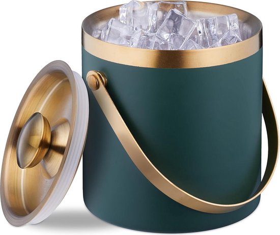 Dubbelwandige ijsemmer met deksel en hengsel - Groot 15 liter - Metaal - Groen en Goud van Luxe Lounge