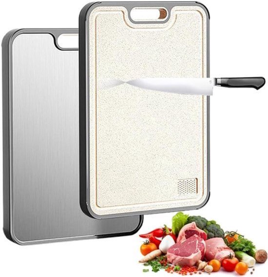 Dubbelzijdige roestvrijstalen snijplank voor vlees en groenten met sapcentrifuge - Antislip handgreep - Groot formaat van Merkloos