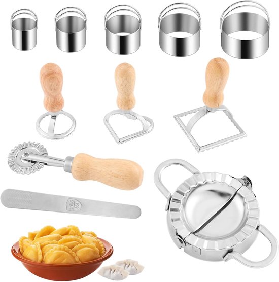 Dumpling Maker Ravioli Roller Gyoza Cutter Italiaanse & Chinese Set (Kortbehandelde Roller Cutter, kleine ronde, hartvormige, vierkante & snijder, Dumpling Wrapper Mould, Vlees Vullen Lepel)