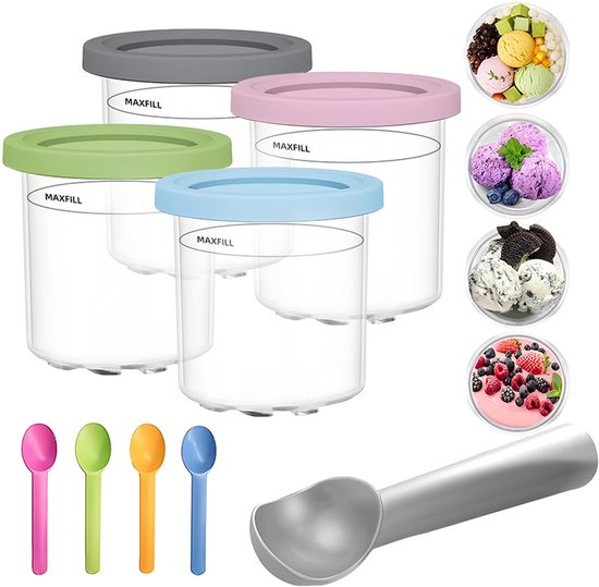 Een set van 4 afgedekte ijsbekers - geschikt voor Ninja XSKPLID2CD ijsmachines (pints) - emmeraccessoires - inclusief ijsschepjes.